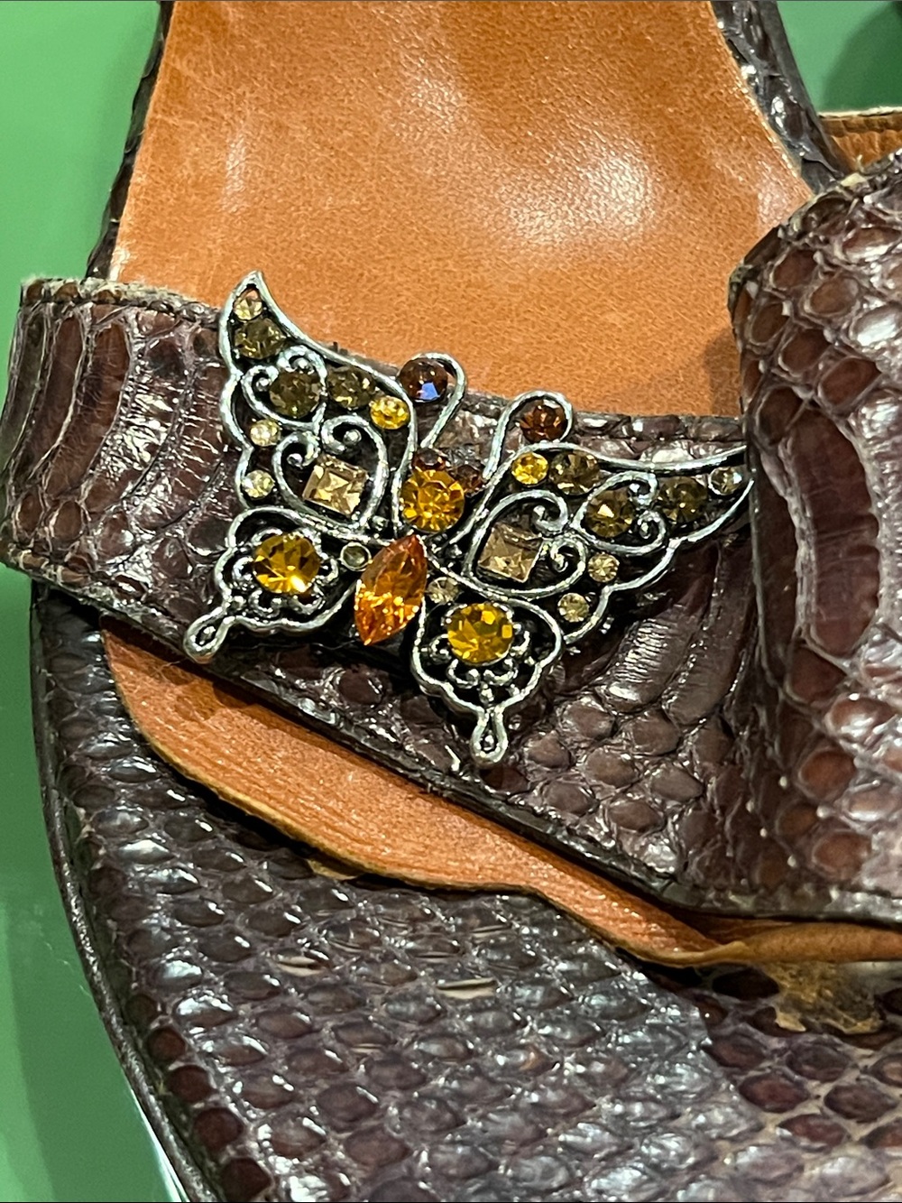 Vintage Brown Embossed Slide Heels with Decorative Buckle 8 - Picture 2 of 5